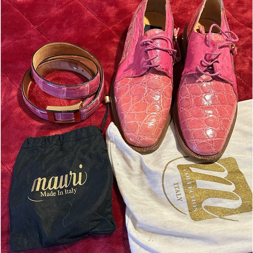 Mauri men’s size 8.5 pink ostrich & alligator shoes with matching belt wore once
